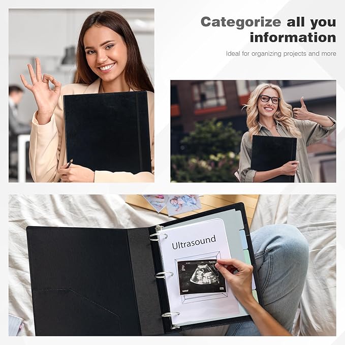 Ospelelf 3 Ring Binder with Clipboard 2 Inch Leather Binder for Letter Size (8.5" x 11"), Clipboard Binder with 5 Tab Dividers Back to School Supply, Black