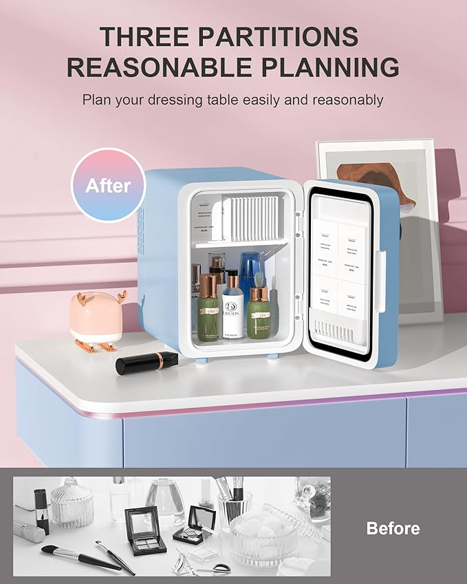 Skincare Fridge With Dimmable LED Light Mirror, 4L Makeup Mini Fridge for Bedroom, Car, Office & Dorm, Cooler & Warmer, Portable Small Refrigerator for Cosmetics, Skin Care and Food, Blue