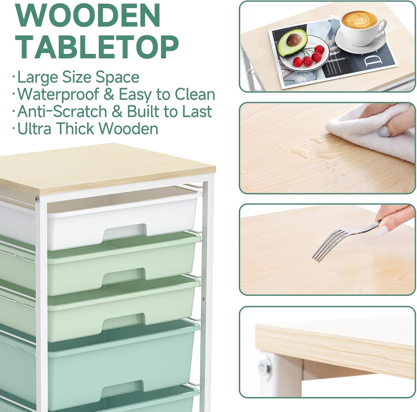 Craft cart,Rolling Cart with Drawers,Storage Cart with 5 Drawers and Wooden Tabletop for Under Desk Organizers and Storage,Green