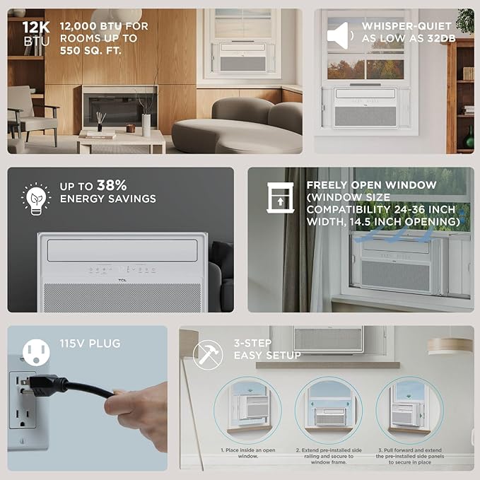 TCL 12,000 BTU Q-Series Smart Inverter Window AC, Ultra-Quiet 38dB Fan & 40dB Cooling, 38% Energy Saving, 3-Step Install, Open-able Window, Works with Smart Home Devices, Cools up to 550 Sq. Ft.