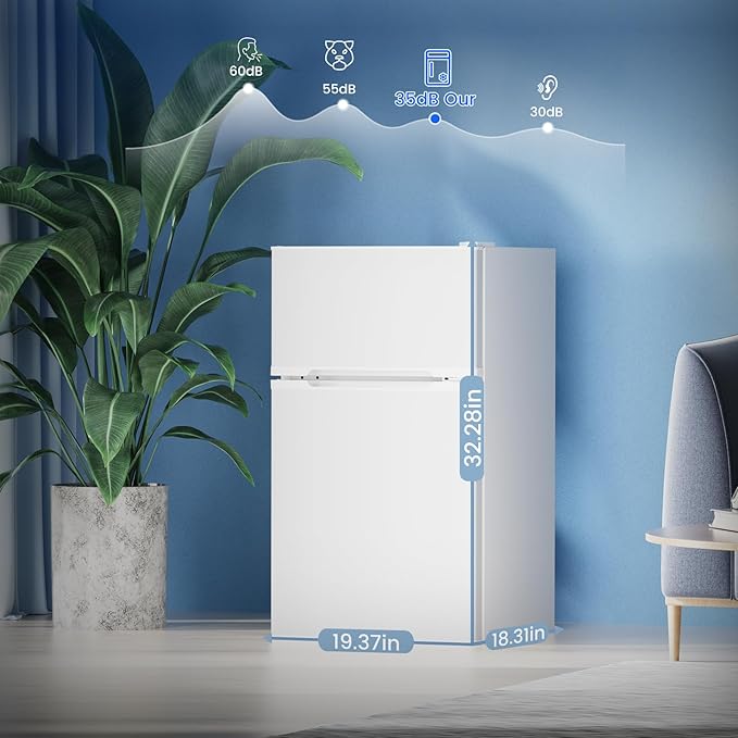 3.1 Cu.Ft Small Fridge with Freezer, Compact Refrigerator with 2 Doors, Mini Fridge with Adjustable Removable Glass Shelves for Bedroom, Dorm, Office or Apartment,White