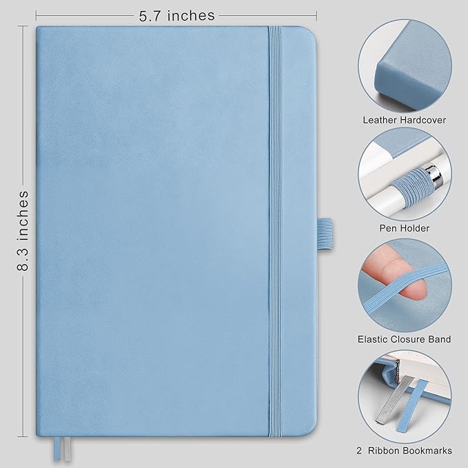 RETTACY Lined Journal Notebook, 192 Numbered Pages, A5 Medium Size (5.7'' x 8.3''), for Men & Women, Journaling, Writing, Work & Office, Leather Hardcover, 100 GSM Thick Paper (Light Blue)
