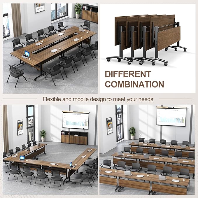 Folding Conference Room Table, Modern Conference Tables with Wheels, Large Rectangular Mobile Training Tables for Office Classroom, Foldable Modular Boardroom Seminar Table Walnut (10pack L63in)