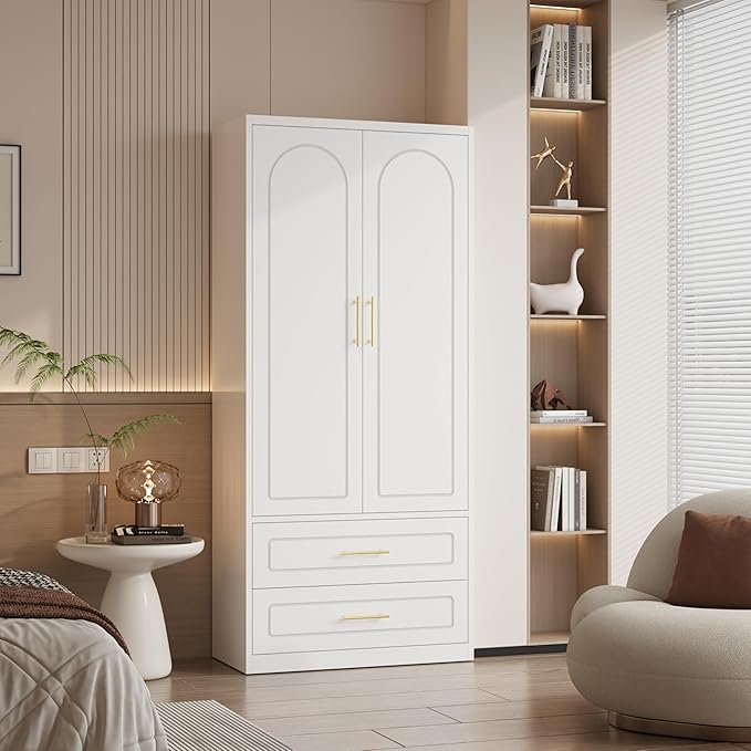 Metal Armoire Wardrobe Closet witih Two Drawers, 71" Tall Large Wardrobe Cabinet with Hanging Rod, Clothing Storage Cabinet with Doors and Shelves for Bedroom, White, Assemble Required