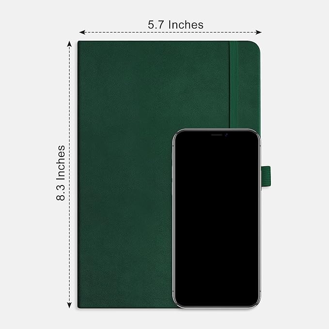 RETTACY Bullet Dotted Journal Notebook, 256 Pages, A5 Medium Size (5.7'' × 8.3''), Leather Hardcover, 120 GSM Thick Paper, for Bullet Journaling, Planning, Tracking (Dark Green)