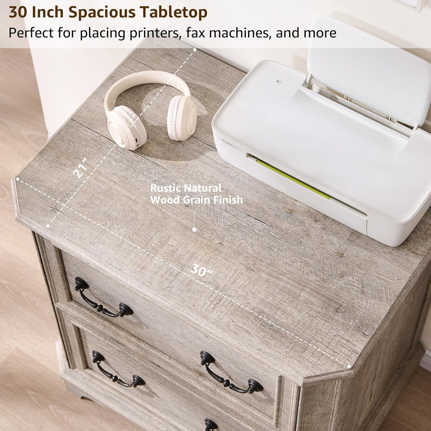 T4TREAM 2 Drawer File Cabinet Set of 2, 30" Wide Wooden Extended Desktop, Farmhouse Filing Cabinet with Smooth Rails, Holds Letter/Legal/A4, Hexagonal Design & Framed Drawer Fronts, Light Rustic Oak