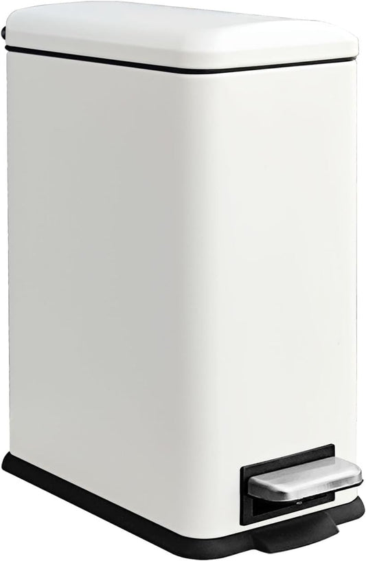 Bathroom Trash Can, 2.6 Gallon Trash Can with Lid, Stainless Steel Pedal Trash Bin with Removable Liner for Bathroom, Bedroom, Kitchen, Office,10 Liter White Garbage Can