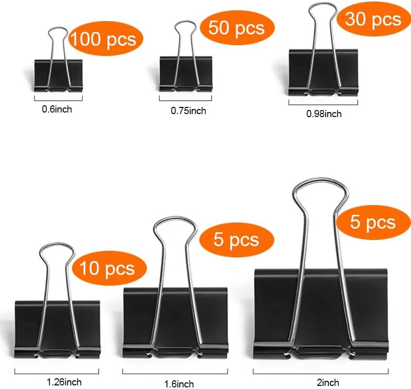 200PCS Binder Clips Paper Clamps Assorted Sizes (Black), Jumbo, Large, Medium, Small, Mini and Micro,6 Sizes with Box for Office, School and Home