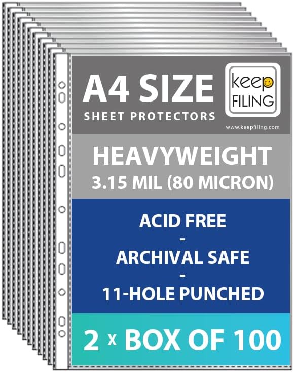 A4 Sheet Protectors, 200 Sheets (2 Boxes), Top Load, Heavyweight, Pre-Punched 11 Holes, Glass Clear, Acid Free