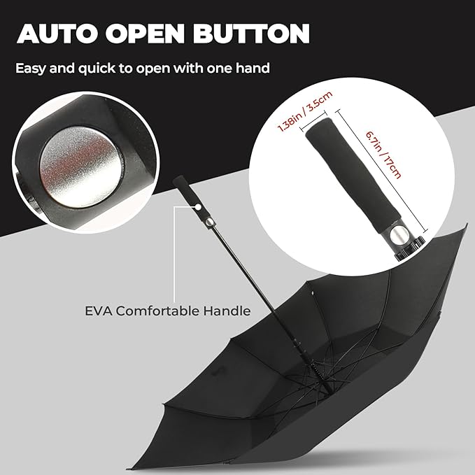 LLanxiry Automatic Open Golf Umbrella 54/62/68/72 Inch, Extra Large Windproof Vented Double Canopy Stick Umbrella, 210T Pongee Waterproof SPF 50+, Fiberglass Ribs, EVA Grip for Golf & Commute