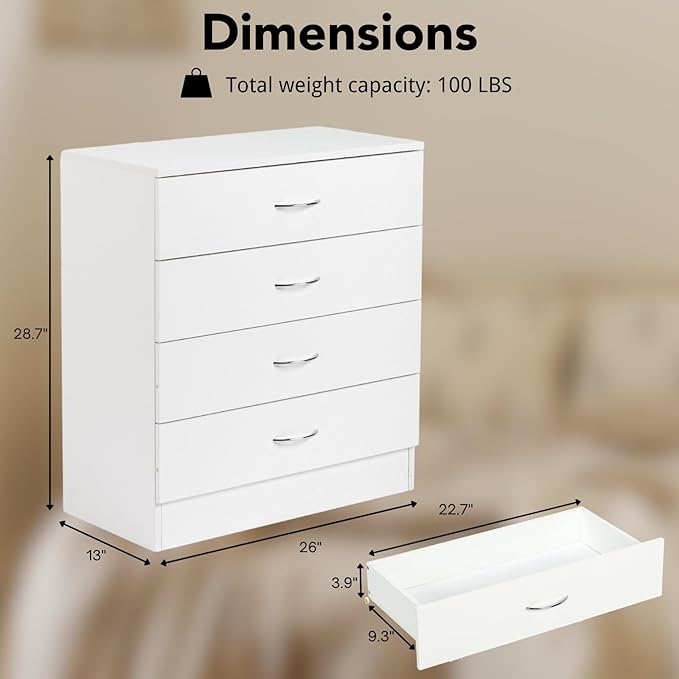 Karl home 4 Drawer Dresser for Bedroom, Small Chests of Drawers Modern Nightstand, White Dresser Chest with 4 Storage Drawers, Dressers for Nursery, Hallway, Living Room, Closet