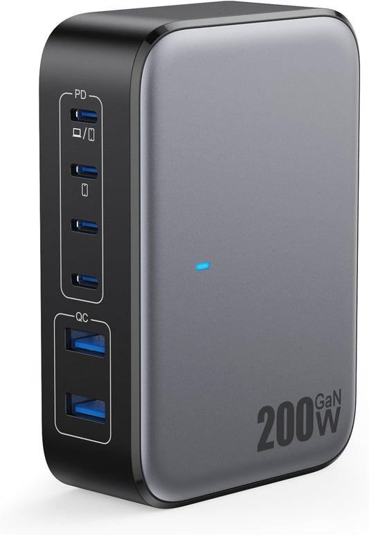 USB C Charger 200W USB Charging Block,6 Ports GaN IV Foldable Wall Charger Outlet Plug,QC4.0 Fast Charging Station Hub,PD 65W Laptop Adapter for MacBook Pro/Air,Dell,iPhone 16/15,Galaxy,Steam Deck