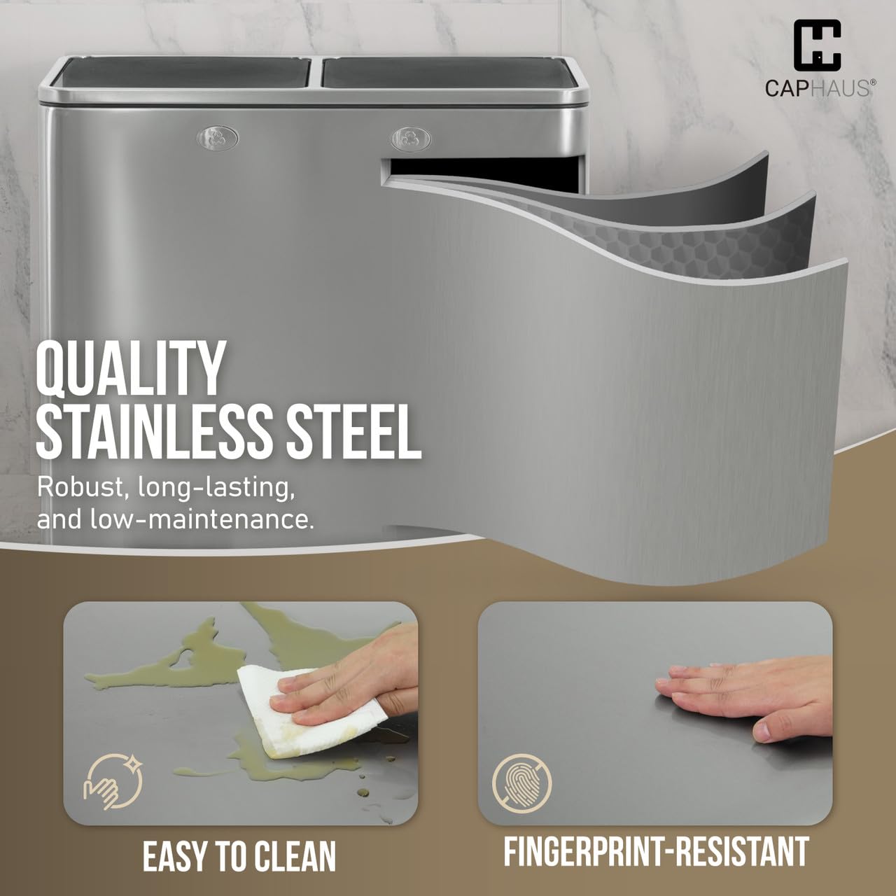 CAPHAUS Dual Trash Can with Double Lid, Trash and Recycle Bins Combo, Hands-free Stainless-Steel Garbage Can for Kitchen, with 2 Compartment, Hinged Lid, Odor Filters, Handles, 25L+25L, 2 x 6.6 Gallon