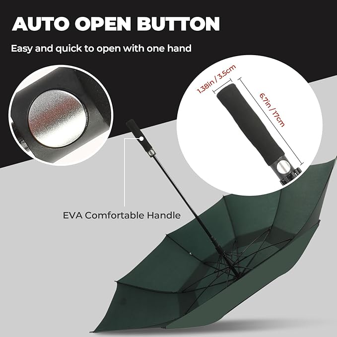 LLanxiry Automatic Open Golf Umbrella 54/62/68/72 Inch, Extra Large Windproof Vented Double Canopy Stick Umbrella, 210T Pongee Waterproof SPF 50+, Fiberglass Ribs, EVA Grip for Golf & Commute