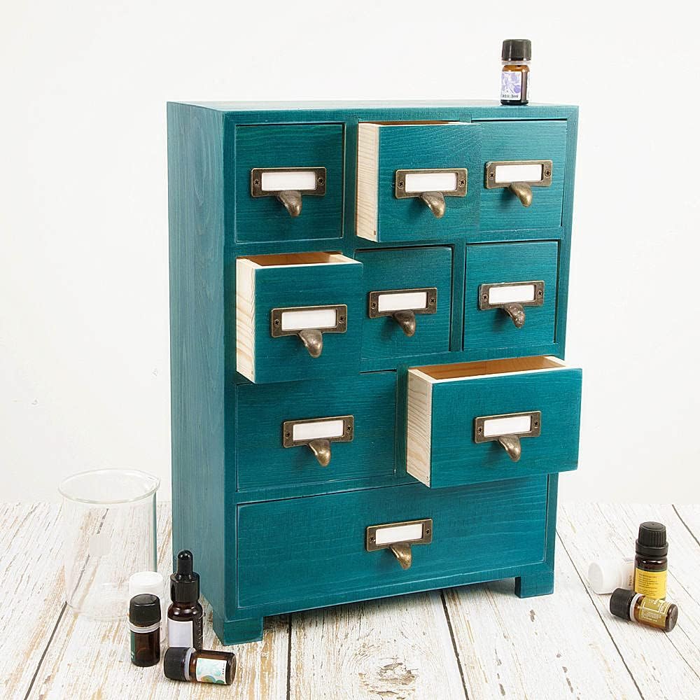 Apothecary Cabinet with 9 Drawers & Labels Rustic Library Card Catalog Cabinet Desktop Wooden Storage Box for Organize Herbal、Tea Bag、Jewelry (Blue)
