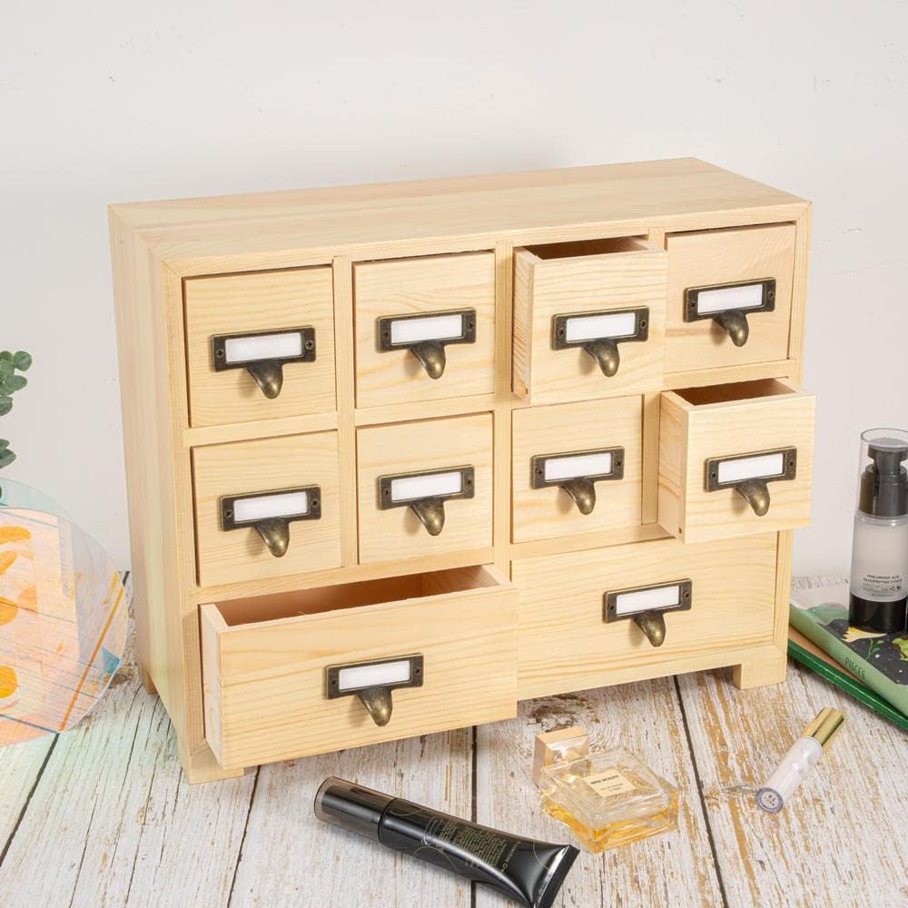Apothecary Cabinet with 10 Drawers & Labels Rustic Library Card Catalog Cabinet Desktop Wooden Storage Box for Organize Herbal、Tea Bag、Jewelry (Wood)