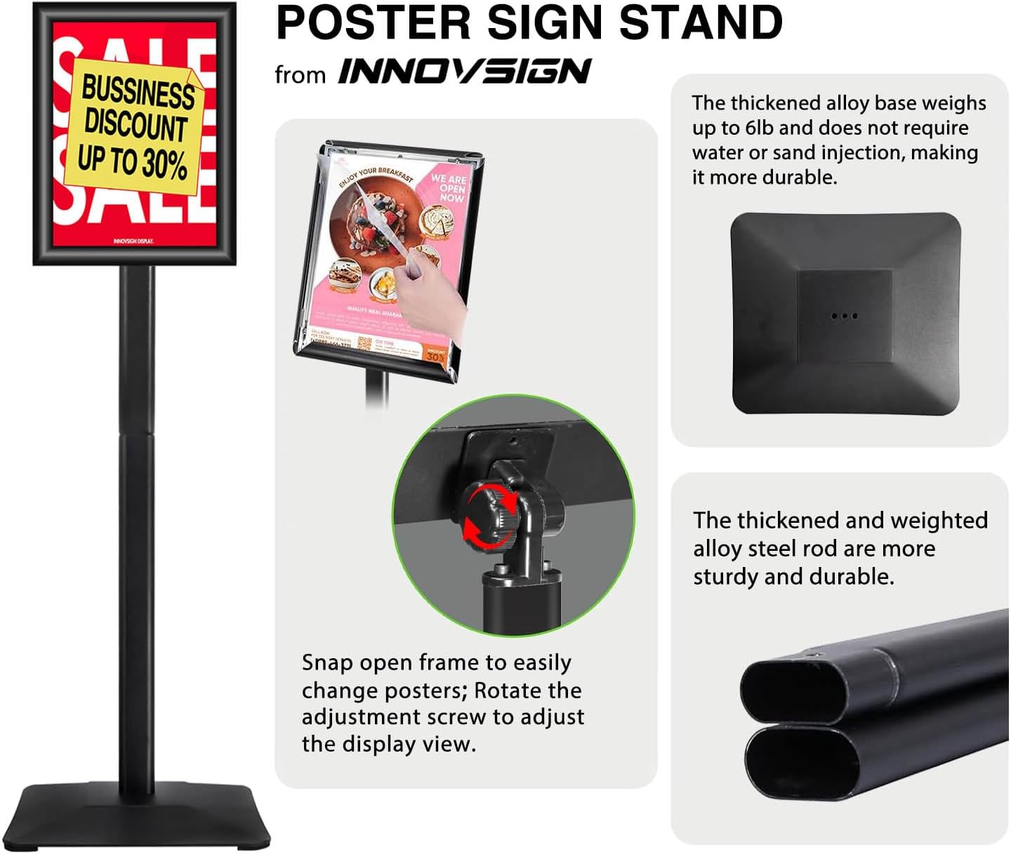 3Packs Heavy Duty Adjustable Pedestal Poster Sign Stand, 8.5x11 Aluminum Open Floor Standing Sign Holder for Vertical and Horizontal View Display (8.5x11,Black)