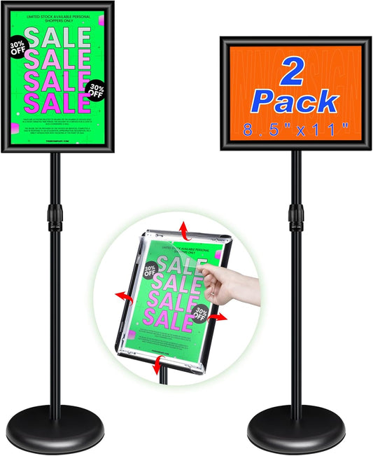 2Packs Adjustable Pedestal Sign Holder Stand 8.5''x11'', Floor Standing Poster Sign Stand, Aluminum Frame for Vertical/Horizontal View Sign stand,Outdoor/Indoor Standing Sign Holders, Black