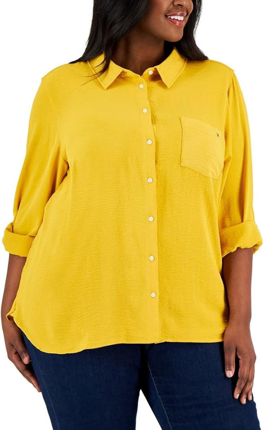 Tommy Hilfiger Women's Long Button Up Collared Shirt with Roll Tab Sleeve