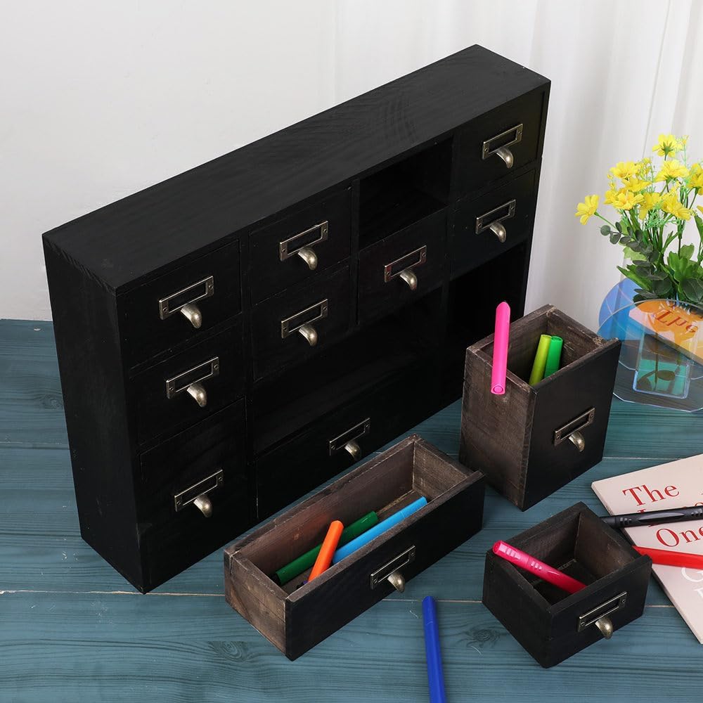 12 Drawers Apothecary Cabinet with Drawers Tabletop Apothecary Drawers Library Card Catalog Cabinet Medicine Cabinets Wood Desk Organizer Wooden Storage Box (Black)