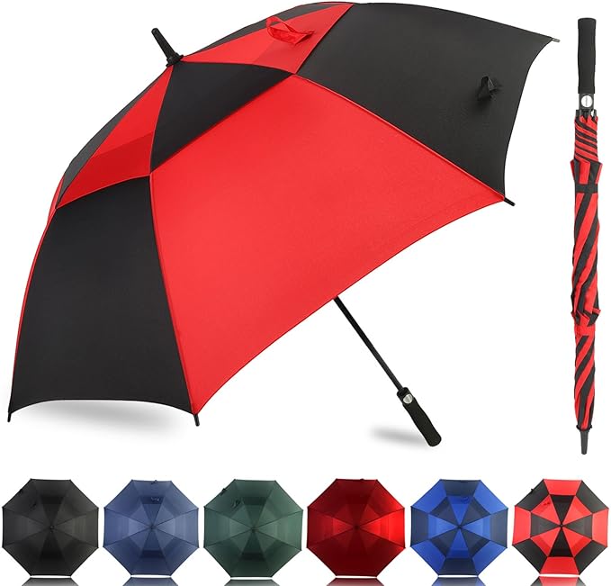 LLanxiry Automatic Open Golf Umbrella 54/62/68/72 Inch, Extra Large Windproof Vented Double Canopy Stick Umbrella, 210T Pongee Waterproof SPF 50+, Fiberglass Ribs, EVA Grip for Golf & Commute