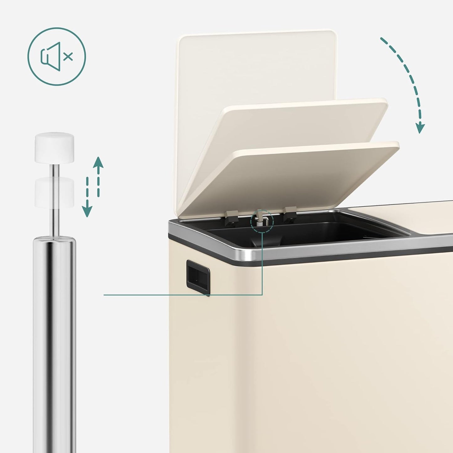 SONGMICS Trash Can, 2 x 8 Gallon (2 x 30 L) Garbage Can for Kitchen, with 15 Trash Bags, 2 Compartments, Plastic Inner Buckets and Hinged Lids, Airtight, Almond Color ULTB201A01