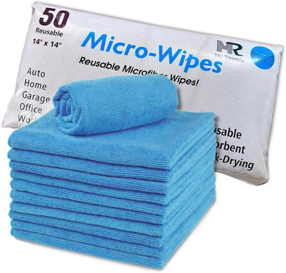 Reusable Microfiber Wipes, 50 Packs, Size 14 inches x 14 inches (Sky Blue)
