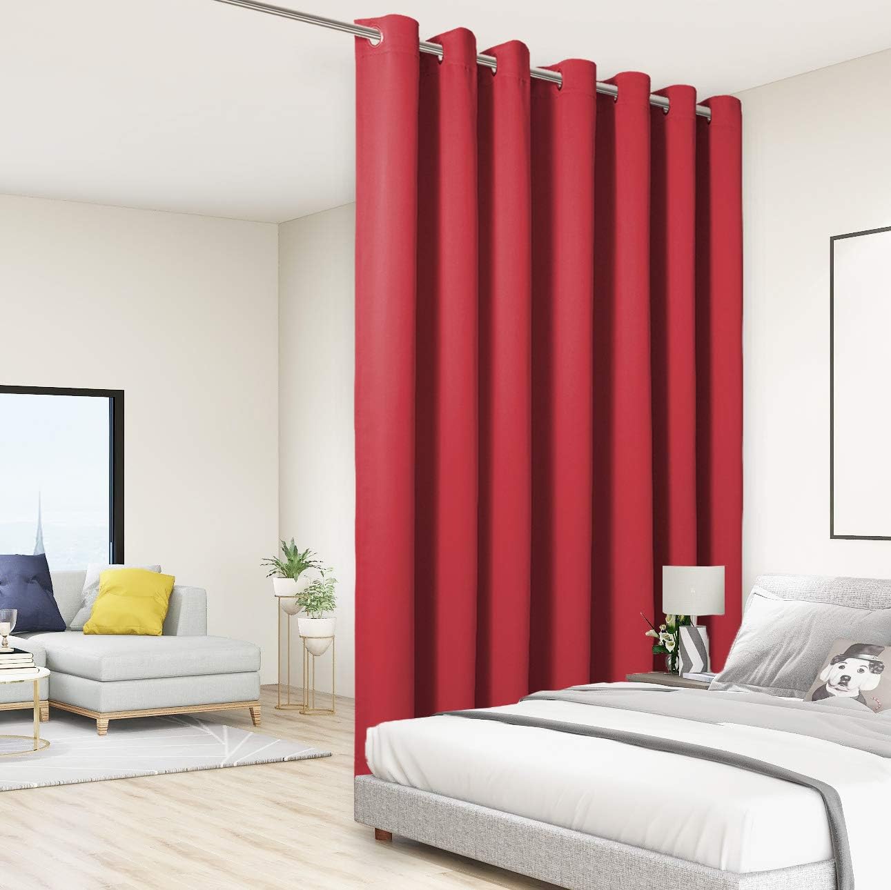 BONZER Extra Wide Room Divider Blackout Curtain Total Privacy Wall Room Darkening Grommet Curtains for Apartment, Studio, 108L x 150W Inch (9L x 12.5W ft), 1 Panel, Red
