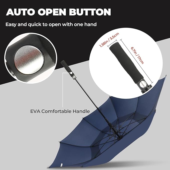 LLanxiry Automatic Open Golf Umbrella 54/62/68/72 Inch, Extra Large Windproof Vented Double Canopy Stick Umbrella, 210T Pongee Waterproof SPF 50+, Fiberglass Ribs, EVA Grip for Golf & Commute