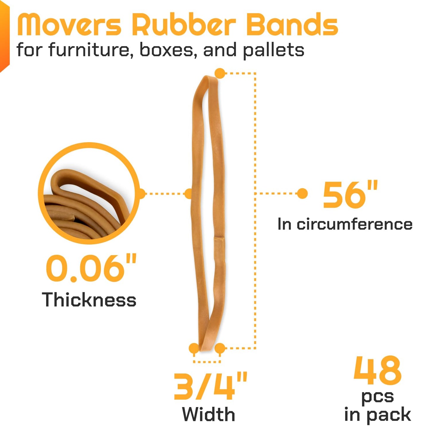 IDL Packaging 56" Strong, Elastic & Flexible Rubber Bands, Pack of 48, Beige - 2X Elasticity, 80% Natural Rubber - Extra Strong Mover Bands for Furniture, Boxes, Moving Blankets