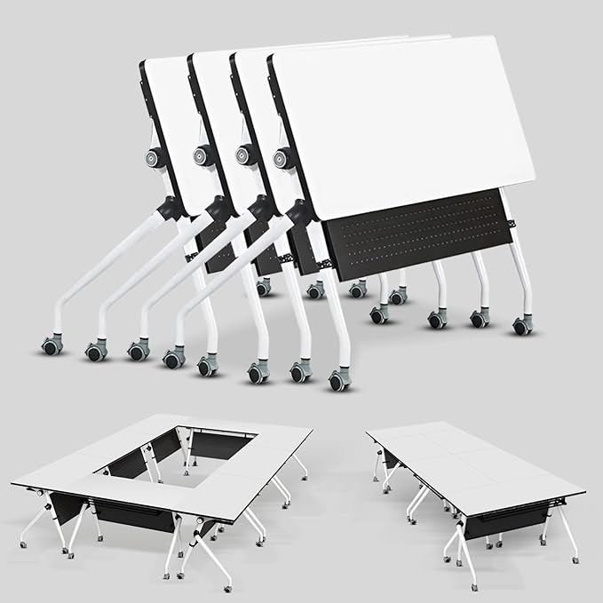 Conference Table, Folding Conference Room Tables, Mobile Training Tables with Silent Wheels, Large Rectangular Modular Seminar Table Office Computer Desks for Classroom White (4Pack L70.9in)