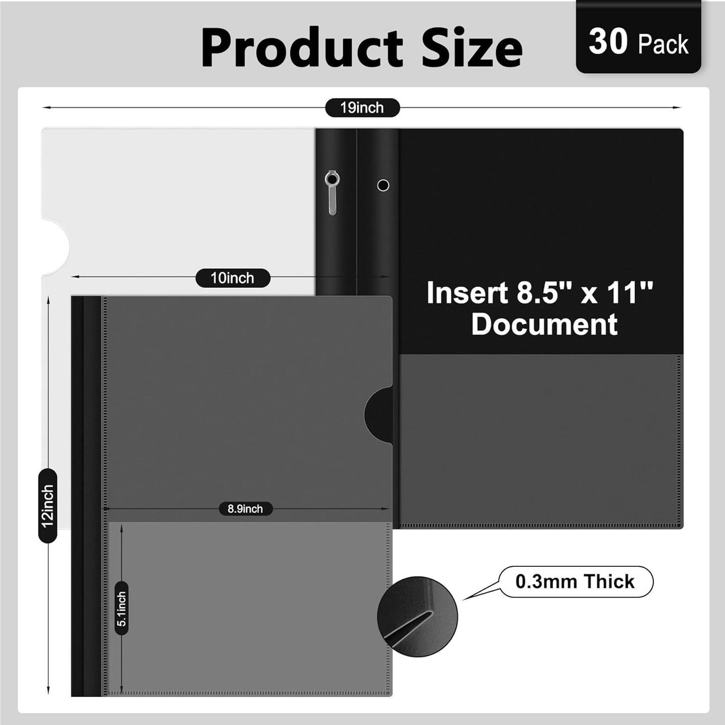 Ndsox 30 Packs Clear Front Report Covers with 3-Prong Fasteners, Plastic Project Presentation Folders Resume Document Covers with Black Back for 8.5" x 11" Letter Size Paper for School Office Business