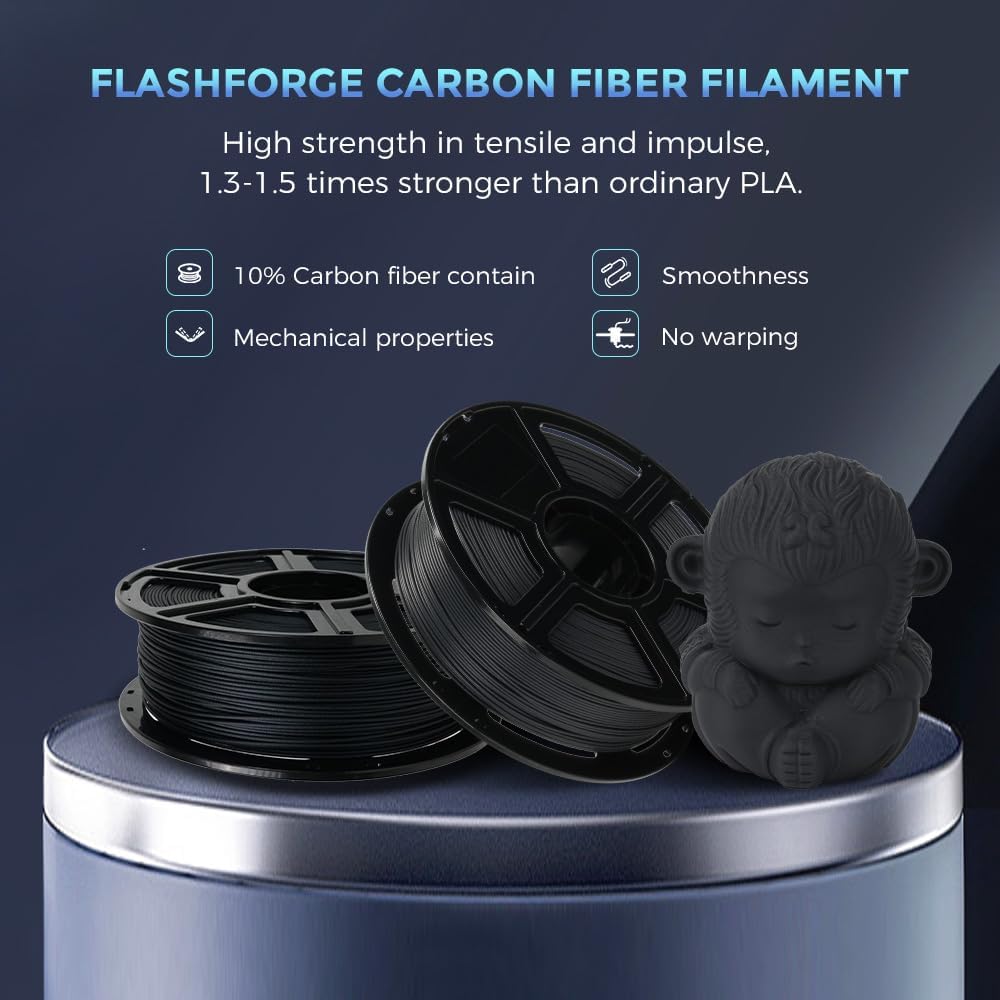 FLASHFORGE Carbon Fiber PLA Filament 1.75mm, Carbon Fiber Reinforced PLA 3D Printer Filament, 1KG Spool Dimensional Accuracy +/- 0.02mm, High Strength & High Abrasion-Resistance (Volcanic Rock Gray)