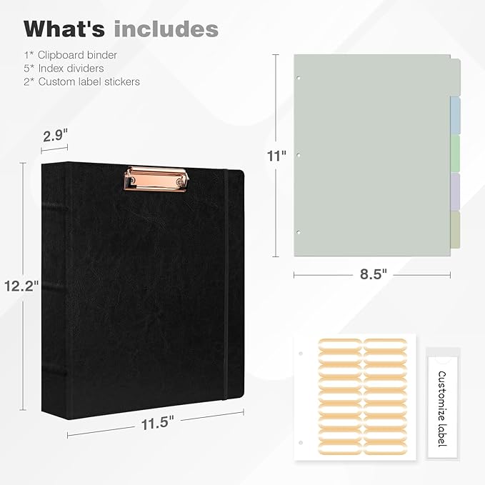 Ospelelf 3 Ring Binder with Clipboard 2 Inch Leather Binder for Letter Size (8.5" x 11"), Clipboard Binder with 5 Tab Dividers Back to School Supply, Black