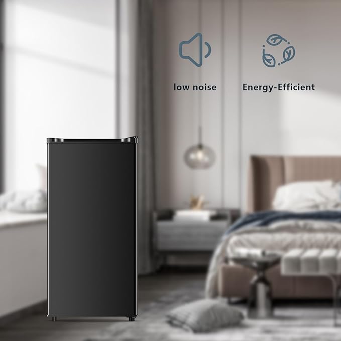 Seaoola Mini Fridge with Freezer, Single Door 3.1 Cu.Ft, Compact Mini Refrigerator, LED Light, Adjustable Thermostat, Removable Glass Shelves, Small Refrigerator for Dorm/Office/Bedroom(Black)