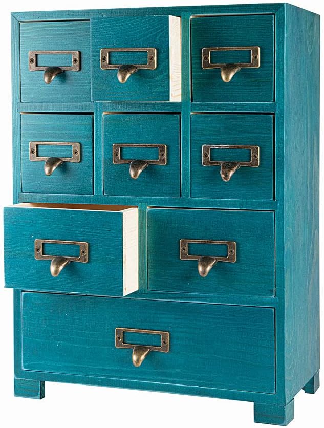 Apothecary Cabinet with 9 Drawers & Labels Rustic Library Card Catalog Cabinet Desktop Wooden Storage Box for Organize Herbal、Tea Bag、Jewelry (Blue)