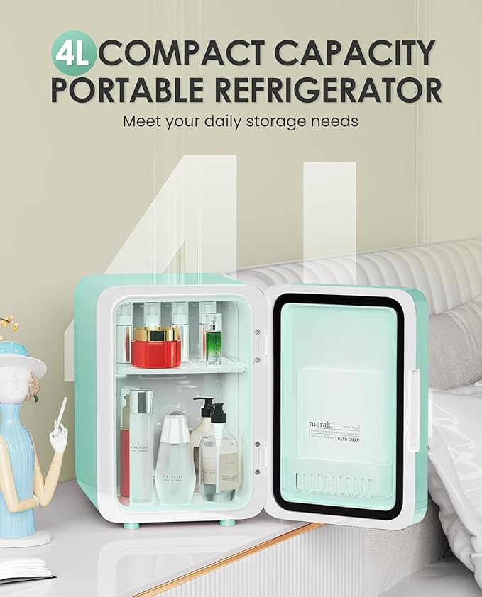 Skincare Fridge With Dimmable LED Light Mirror, 4L Mini Fridge For Desktop, Travel or Cool & Heat, Makeup Fridge for Cosmetics, Skin Care and Food, Green