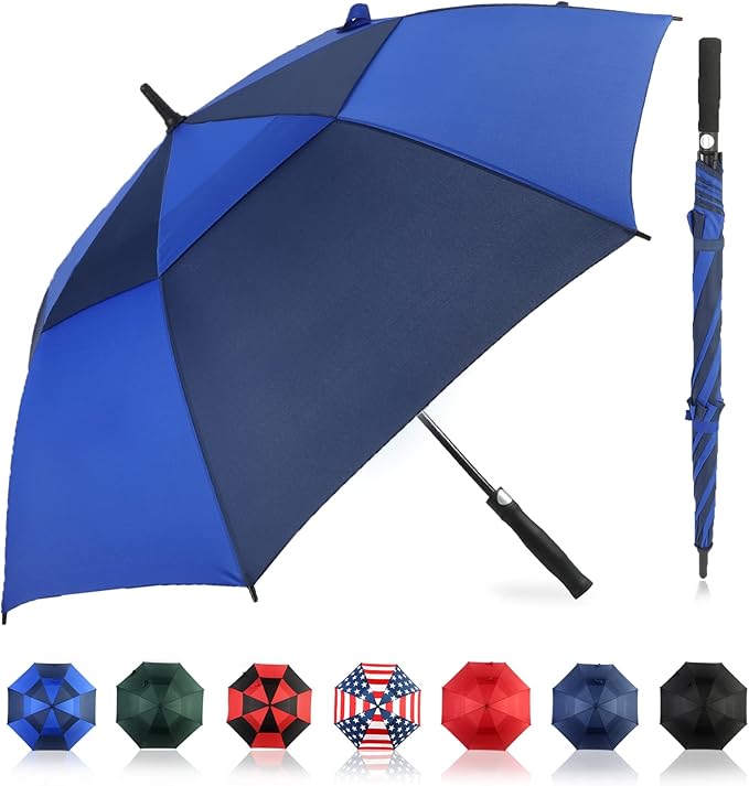 LLanxiry Automatic Open Golf Umbrella 54/62/68/72 Inch, Extra Large Windproof Vented Double Canopy Stick Umbrella, 210T Pongee Waterproof SPF 50+, Fiberglass Ribs, EVA Grip for Golf & Commute