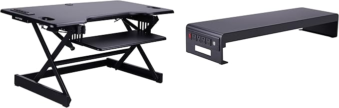 Rocelco 46" Standing Desk Converter with AC USB Charger and Dual Monitor Stand - Height Adjustable Three Screen Riser Computer Workstation - Sliding Keyboard Tray - Black (R DADRB-46-ACUSB-DM3)