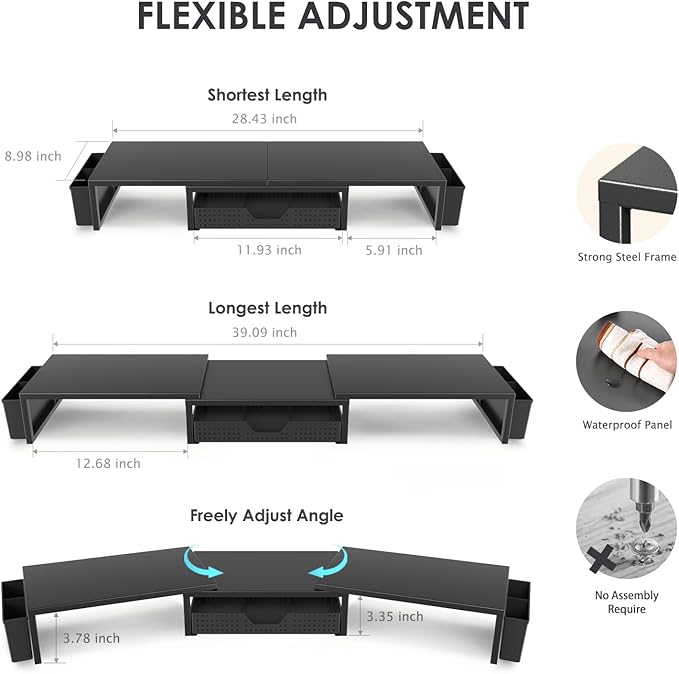 Desk Organizers and Accessories, Dual Monitor Stand Riser with Drawer and 2 Pen Holders, Desk Shelf Metal Computer Monitor Stand for Office Workspace Organizers, Desktop Organization (Black)