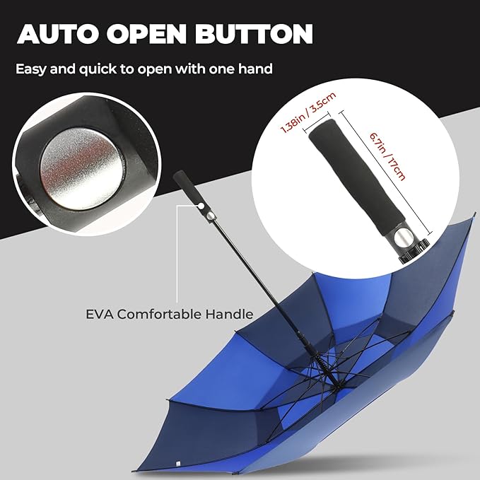 LLanxiry Automatic Open Golf Umbrella 54/62/68/72 Inch, Extra Large Windproof Vented Double Canopy Stick Umbrella, 210T Pongee Waterproof SPF 50+, Fiberglass Ribs, EVA Grip for Golf & Commute