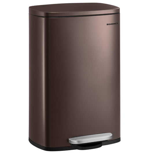 SONGMICS 13 Gallon (50 L) Trash Can, Stainless Steel Kitchen Garbage Can, Recycling or Waste Bin, Soft Close, Step-On Pedal, Removable Inner Bucket, Brown ULTB50BR