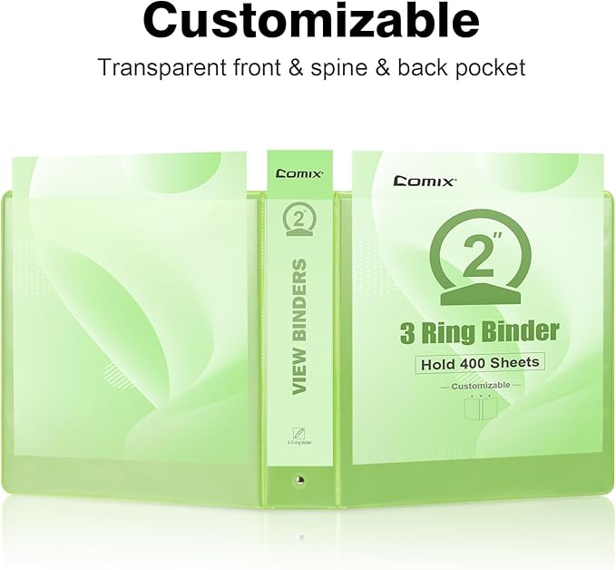 COMIX Standard 3 Ring Binder 2 inch with Clear View Cover, 2" Round Ring View Binder Holds 400 Sheets of US Letter Size Paper, 6 Pack (Light Green)