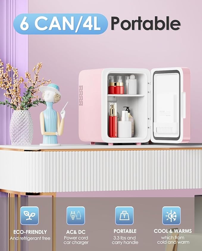 Skincare Fridge With Dimmable LED Light Mirror, 4L Makeup Mini Fridge for Bedroom, Car, Office & Dorm, Cooler & Warmer, Portable Small Refrigerator for Cosmetics, Skin Care and Food, Pink