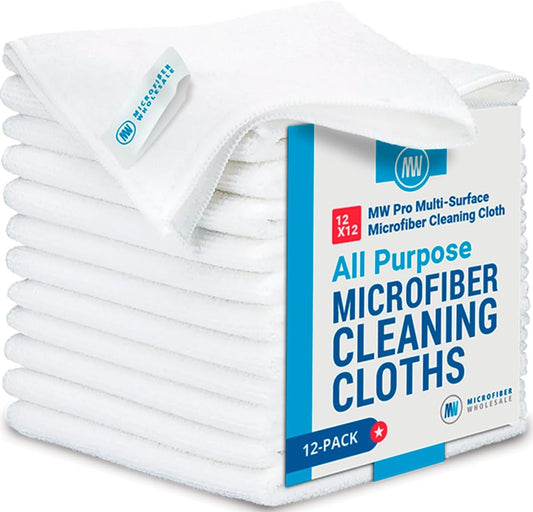 12" x 12" MW Pro Multi-Surface Microfiber Cleaning Cloths | White - 12 Pack | Premium Microfiber Towels for Cleaning Glass, Kitchens, Bathrooms, Automotive, Supplies & Products
