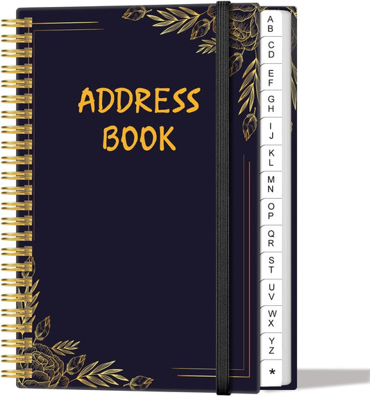 Address Book with Alphabetical Tabs - Small Address Book Spiral with Address Contacts, Special Date, Phone, Birthday & Internet Login Password for Home and Office, 4.3" x 6.2", Black Flower