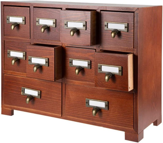 Apothecary Cabinet with 10 Drawers & Labels Rustic Library Card Catalog Cabinet Desktop Wooden Storage Box for Organize Herbal、Tea Bag、Jewelry (Brown)