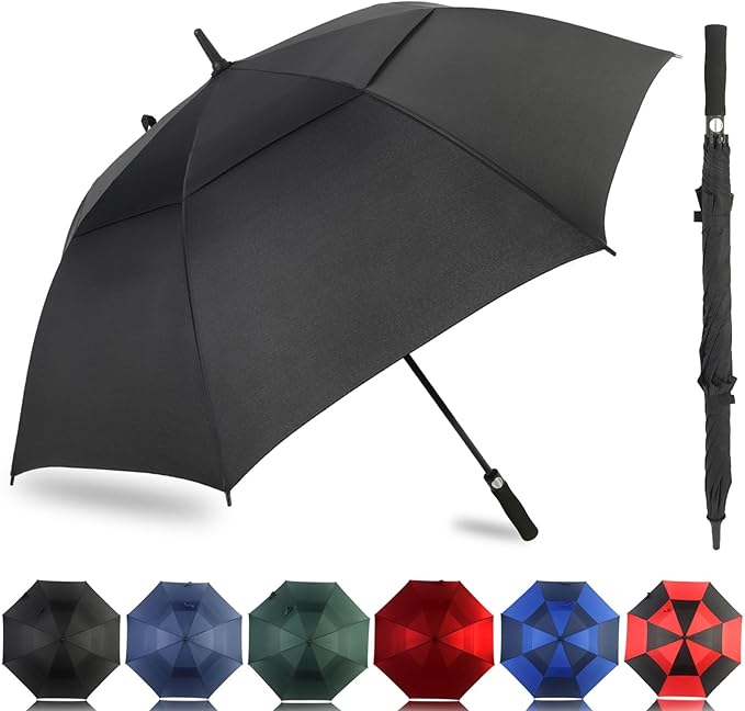 LLanxiry Automatic Open Golf Umbrella 54/62/68/72 Inch, Extra Large Windproof Vented Double Canopy Stick Umbrella, 210T Pongee Waterproof SPF 50+, Fiberglass Ribs, EVA Grip for Golf & Commute