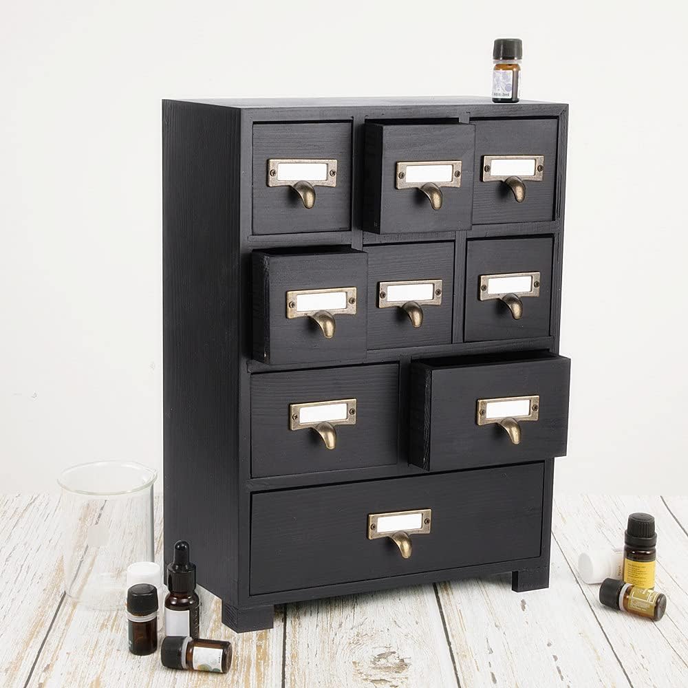 Apothecary Cabinet with 9 Drawers & Labels Rustic Library Card Catalog Cabinet Desktop Wooden Storage Box for Organize Herbal、Tea Bag、Jewelry (Black)