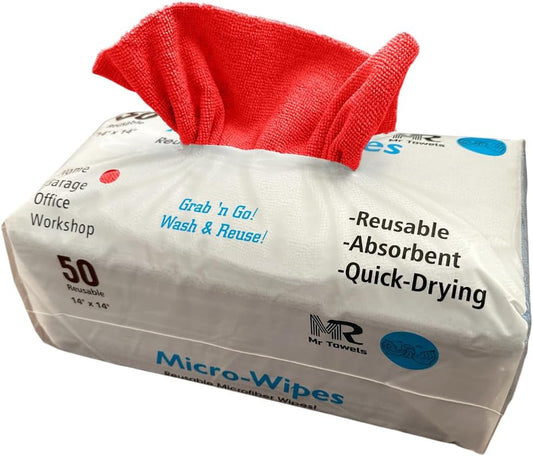 Reusable Microfiber Wipes, 50 Packs, Size 14 inches x 14 inches (Red)